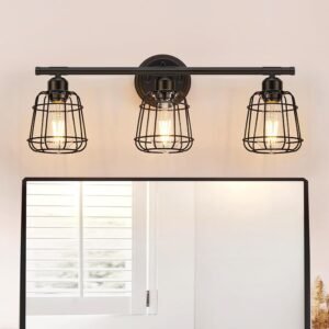 3-Light Bathroom Vanity Light Fixtures Over Mirror, Matte Black Bathroom Lighting Fixtures with Cage, E26 Base Farmhouse Wall Sconces for Bedroom Cabinets Living Room, UL Listed