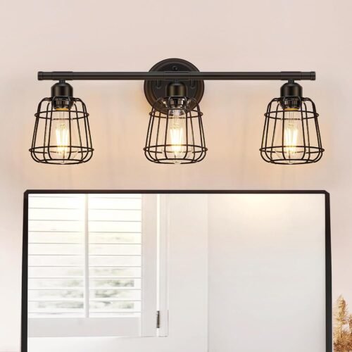 3-Light Bathroom Vanity Light Fixtures Over Mirror, Matte Black Bathroom Lighting Fixtures with Cage, E26 Base Farmhouse Wall Sconces for Bedroom Cabinets Living Room, UL Listed