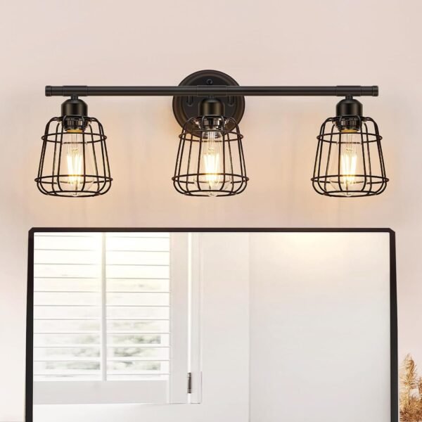 3-Light Bathroom Vanity Light Fixtures Over Mirror, Matte Black Bathroom Lighting Fixtures with Cage, E26 Base Farmhouse Wall Sconces for Bedroom Cabinets Living Room, UL Listed