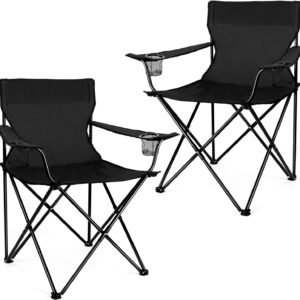 Portable Camping Chair, Large Outdoor Folding Chair for Adults, 600D Oxford Fabric Sturdy Foldable Chair for Beach, Fishing, Picnic Lawn and More Outdoor Sports, Carry Bag & Cup Holders, Black