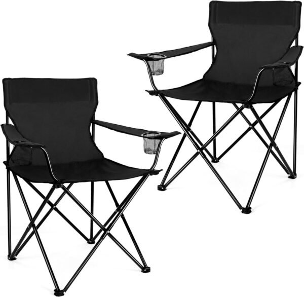 Portable Camping Chair, Large Outdoor Folding Chair for Adults, 600D Oxford Fabric Sturdy Foldable Chair for Beach, Fishing, Picnic Lawn and More Outdoor Sports, Carry Bag & Cup Holders, Black