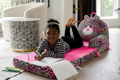 Soft Landing Elite Premium Character Sofa Seat & Transformable Fold-Out Lounger with Carrying Handle – Leopard