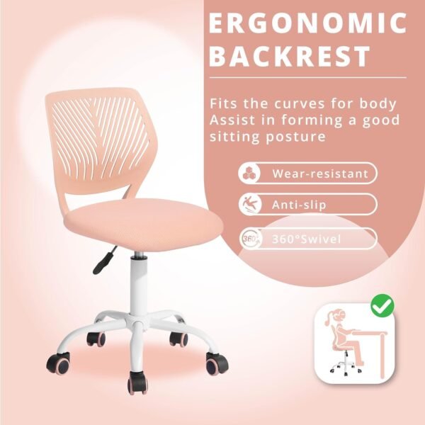 71CIHvTv8zL._AC_SL1500.jpg Teens Girls Task Chair 360 Swivel, Low Mid PP Mesh Back Fabric Seat, Height Adjustable, Rolling Castor, W15.7inces x D15.2inces x H29.5-34.2inches (Rose)