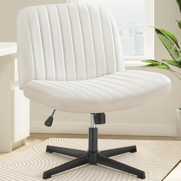 Cross Legged Armless Wide Adjustable Swivel Padded Fabric Home Office Desk Chair No Wheels