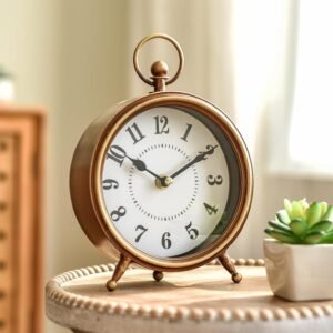 Vintage Table Clock on Stand, Decorative Desk and Shelf Clock Rustic Mantel Clock Non-Ticking, Metal Frame with Antique Gold Finish