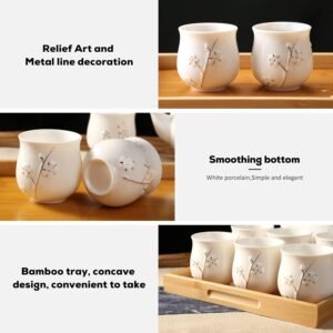 Japanese White Porcelain Tea Set with 1 Teapot Set, 6 Tea Cups, 1 Tea Tray, 1 Stainless Infuser, Cute Asian Tea Set for Tea Lover/Women/Men (Plum in Golden)