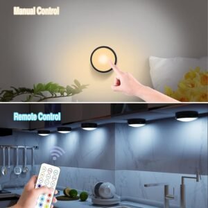 Puck Lights with Remote, 6 Pack LED Under Cabinet Lighting Dimmable Push Lights Battery Operated Under Counter Tap Lights for Kitchen, Multicolor Transformation Stick On Lights, Shiny Black