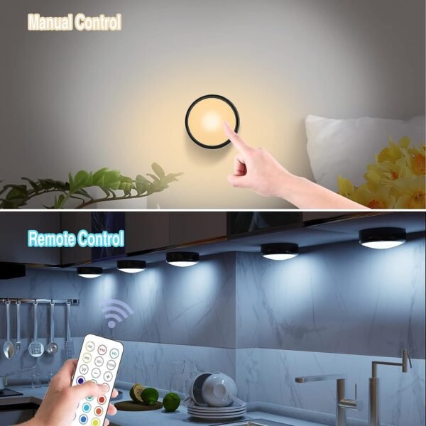 Puck Lights with Remote, 6 Pack LED Under Cabinet Lighting Dimmable Push Lights Battery Operated Under Counter Tap Lights for Kitchen, Multicolor Transformation Stick On Lights, Shiny Black