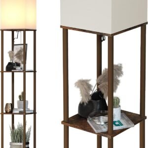 Floor Lamp with Shelves, Modern Square Standing Lamp with 3 Color Temperature Bulb, Corner Display Bookshelf Lamp for Living Room and Bedroom(Black)