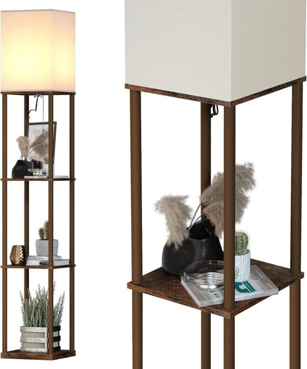 Floor Lamp with Shelves, Modern Square Standing Lamp with 3 Color Temperature Bulb, Corner Display Bookshelf Lamp for Living Room and Bedroom(Black)