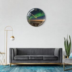 71DXSoGNOhL._AC_SL1500.jpg 12 Inch Modern Wall Clock, Aesthetic Black and Gold Bathroom Decor Accessories, Silent Battery Operated Decorative Aurora Clocks for Living Room/Kitchen/Office/Bedroom (Glass)