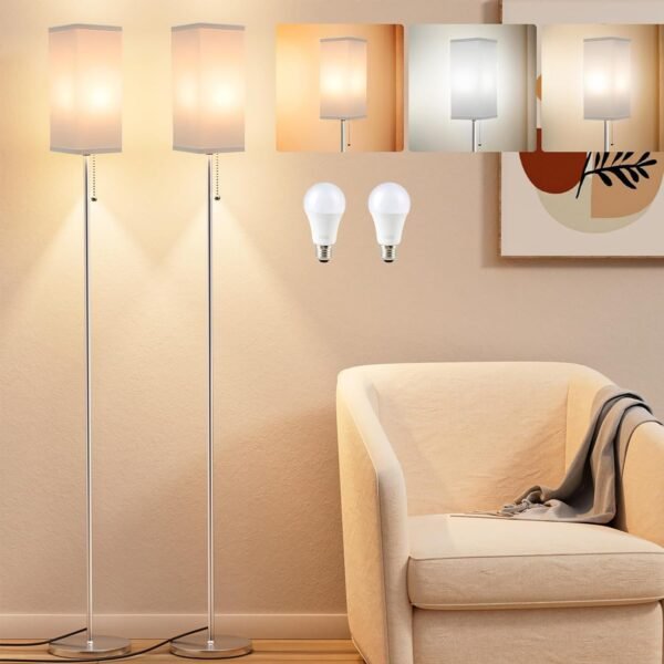 Tall Floor Lamp with Linen Shade - 3 Color Temperature, Black, LED Bulbs, Pull Chain Switch, Easy Assembly