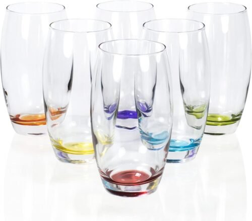 Large 16 oz Multicolored Drinking Glass Set of 6 for Water, Beverage, Cocktail, Mixed Drinks