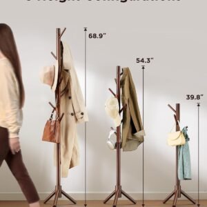 Coat Rack Stand, Wooden Coat Rack Freestanding with 8 Hooks, Coat Tree with 3 Height Configurations for Entryway, Hallway, Bedroom, Office, AMWCR01