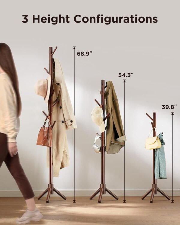 Coat Rack Stand, Wooden Coat Rack Freestanding with 8 Hooks, Coat Tree with 3 Height Configurations for Entryway, Hallway, Bedroom, Office, AMWCR01