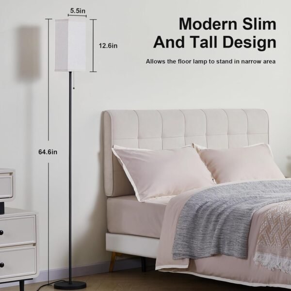 Tall Floor Lamp with Linen Shade - 3 Color Temperature, Black, LED Bulbs, Pull Chain Switch, Easy Assembly