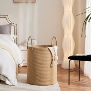 71FLABmcmSL._AC_SL1500.jpg 72L Large Woven Laundry Hamper, Tall Cotton Rope Storage Basket, Jute Baby Nursery Hamper for Blankets, Toys and Clothes in Bedroom and Living Room Organizing, Jute