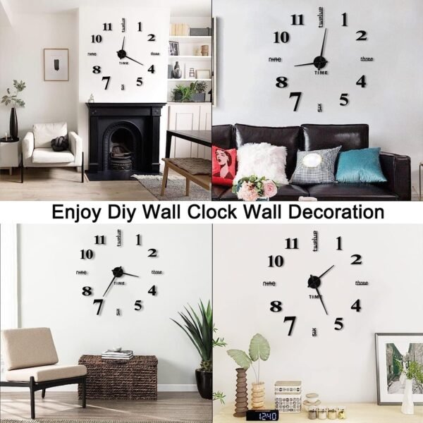 Frameless DIY Wall Clock,Large Modern 3D Mirror Sticker kit for Home Living Room Bedroom Office Wall Decorations(Black)