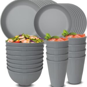 48 Pcs Dinnerware Sets, Unbreakable Plates and Bowls Sets, Reusable Dinnerware Sets for 4 People, Travel Camping Picnic Home Party Cutlery Set, Dishwasher Microwave Safe Dishes