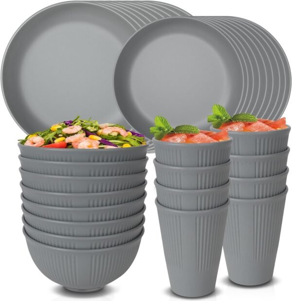 48 Pcs Dinnerware Sets, Unbreakable Plates and Bowls Sets, Reusable Dinnerware Sets for 4 People, Travel Camping Picnic Home Party Cutlery Set, Dishwasher Microwave Safe Dishes