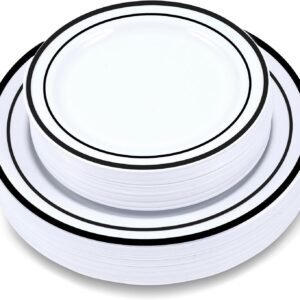 71GZ01PQ-rL._AC_SL1500.jpg 60-Piece Plastic Plates Set Premium 30 Dinner Plates & 30 Salad Plates Pack, Disposable Plates for Party - White Plastic Wedding Plates with Rose Gold Rim