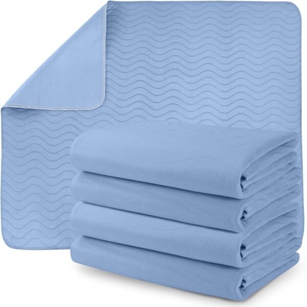 Waterproof Incontinence Bed Pads 34 x 52 Inches (Pack of 4, Blue), Washable and Reusable Underpads for Adults, Elderly and Pets, Absorbent Protective Pads