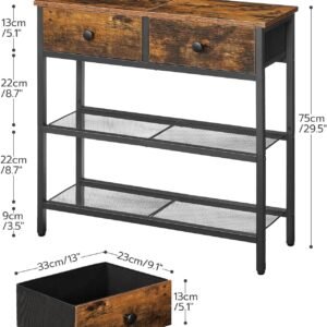 71H4QzZUR4L._AC_SL1500.jpg 29.5" Narrow Console Table with 2 Fabric Drawers, Small Entryway Table with 3-Tier Storage Shelves, Thin Sofa Table, Side Table, for Living Room, Hallway, Rustic Brown and Black BF72XG01