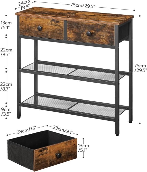 71H4QzZUR4L._AC_SL1500.jpg 29.5" Narrow Console Table with 2 Fabric Drawers, Small Entryway Table with 3-Tier Storage Shelves, Thin Sofa Table, Side Table, for Living Room, Hallway, Rustic Brown and Black BF72XG01