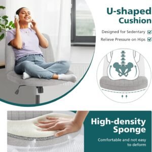 Cross Legged Armless Wide Adjustable Swivel Padded Fabric Home Office Desk Chair No Wheels