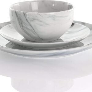 Fine Round Gloss Dinnerware Dish Set, 16 Piece, Black and White Marble