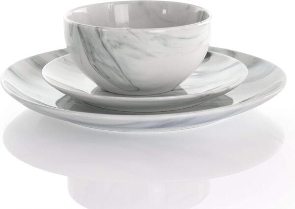 Fine Round Gloss Dinnerware Dish Set, 16 Piece, Black and White Marble