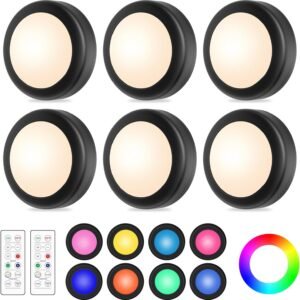 12 Pack LED Puck Lights Remote Control 16 Color Changeable Under Cabinet Lights, Battery Operated Lights Night Light with Dimmer & Timmer for Closet Bedroom Kitchen, White