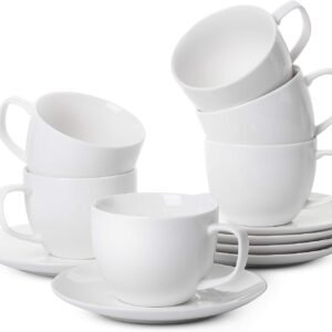 White Tea Cups and Saucers, 8oz, Tea Cups Set of 12, Porcelain Tea Cups, White Cup & Saucer Sets, White Tea Cup Set of 12, Tea Cup Sets, Bulk Tea Cups and Saucers Set of 12, Tea Cups and Sets
