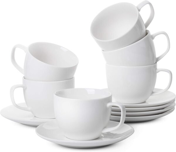 White Tea Cups and Saucers, 8oz, Tea Cups Set of 12, Porcelain Tea Cups, White Cup & Saucer Sets, White Tea Cup Set of 12, Tea Cup Sets, Bulk Tea Cups and Saucers Set of 12, Tea Cups and Sets