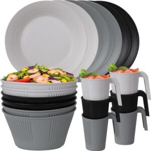 48 Pcs Dinnerware Sets, Unbreakable Plates and Bowls Sets, Reusable Dinnerware Sets for 4 People, Travel Camping Picnic Home Party Cutlery Set, Dishwasher Microwave Safe Dishes