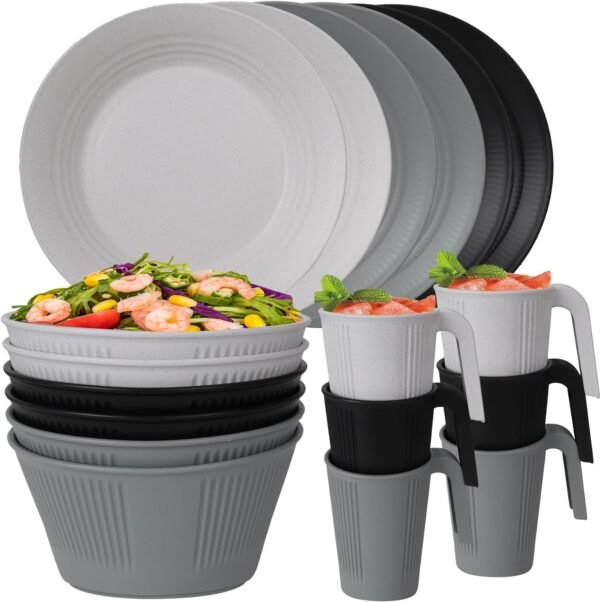 48 Pcs Dinnerware Sets, Unbreakable Plates and Bowls Sets, Reusable Dinnerware Sets for 4 People, Travel Camping Picnic Home Party Cutlery Set, Dishwasher Microwave Safe Dishes