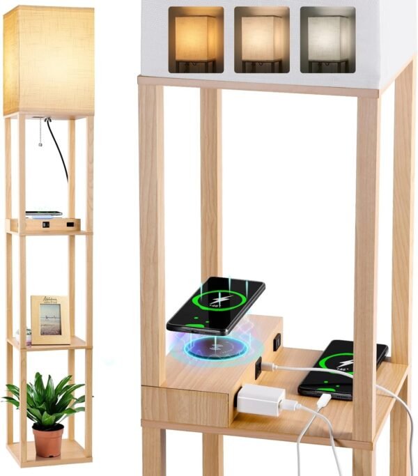 Floor Lamp with Shelves, Shelf Lamps with 3 Color Temperature LED Bulb,Storage Wood Texture Modern, Display Standing Lamp for Living Room,Office, Bedroom