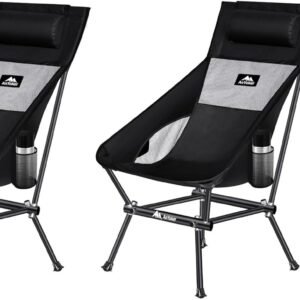 Camping Chair, Compact Backpacking Chair, Portable Folding Chair, Beach Chair with Side Pocket and headrest, Lightweight Hiking Chair 166ZZ-A （Black）