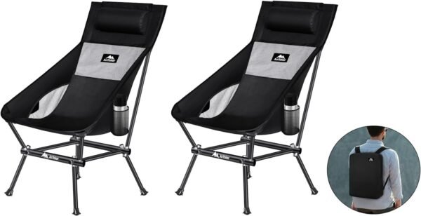 Camping Chair, Compact Backpacking Chair, Portable Folding Chair, Beach Chair with Side Pocket and headrest, Lightweight Hiking Chair 166ZZ-A （Black）