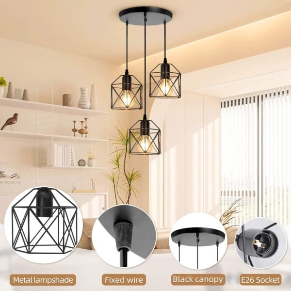 71JGctGlueL._AC_SL1500.jpg 3-Light Pendant Light Fixtures, Farmhouse Kitchen Island Light Fixture, Industrial Hanging Pendant Lighting for Dining Room Bedroom, Black Metal Cage Pendant, E26 Base, Bulbs Not Included