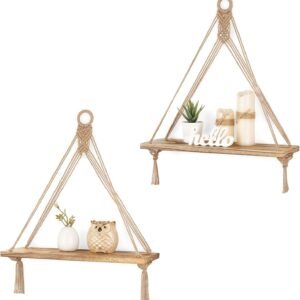 Macrame Hanging Shelves Boho Wall Decor Set of 2 Rustic Wood Floating Storage Shelf for Bedroom Bathroom Living Room Nursery Dorm Room, Display Shelving for Hanging Plants Photos