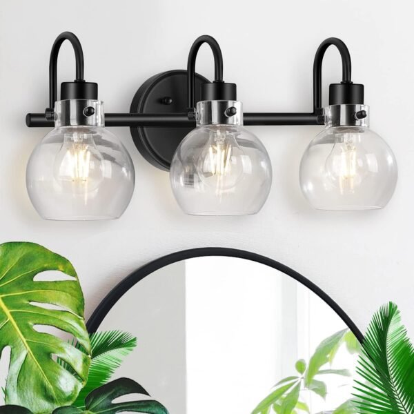 71KFRWvCZ0L._AC_SL1500.jpg Bathroom Light Fixtures, Black 3 Lights Vanity Light, Farmhouse Wall Sconces with Globe Glass Shade, Porch Wall Mount Lamp for Mirror, Kitchen, Porch Living Room Workshop (E26 Base)