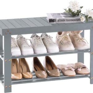 Bamboo Shoe Rack for Entryway, 3-Tier Shoe Rack Bench for Front Indoor Entrance, Small Shoe Organizer with Storage, 35.4 Inches, Black