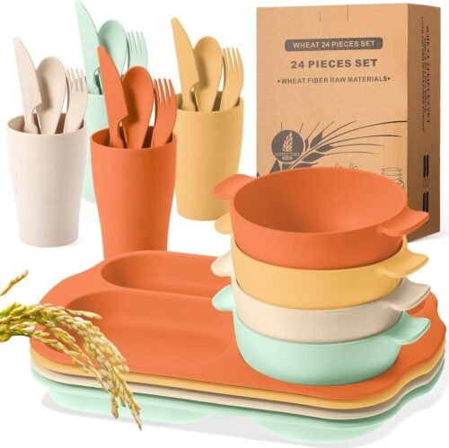 71LNN8RLdZL._AC_SL1500.jpg 24 Pcs Wheat Straw Dinnerware Cutlery Sets, Kids Toddlers Divided Plates Unbreakable Bowl Microwave Dishwasher Safe Tableware Cutlery Spoon Knife Fork Cup (Orange, Yellow, Beige, Green)
