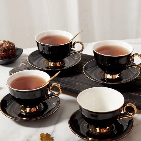 Tea Cups and Saucers Set of 4 (7.4oz), Luxury Tea Cup Set with Golden Trim, Black Coffee Cups with Metal Stand, British Porcelain Tea Party Set - Black