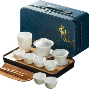 Asian tea set |Kungfu tea sets |Ceramic Portable tea set |tea sets for adult |13-piece withgrey leather case |Tea set gift for Home, Outdoor, Business (Ceramic-Black teaset)