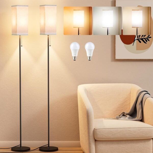 Tall Floor Lamp with Linen Shade - 3 Color Temperature, Black, LED Bulbs, Pull Chain Switch, Easy Assembly