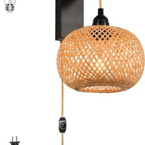 Rattan Wall Sconces Set of Two Plug in,Farmhouse Plug in Wall Sconces Hand Woven Bamboo Wall Light Fixtures with Switch,Rustic Black Wall Sconce Light Plug in Wall Lamp for Living Room Bedroom