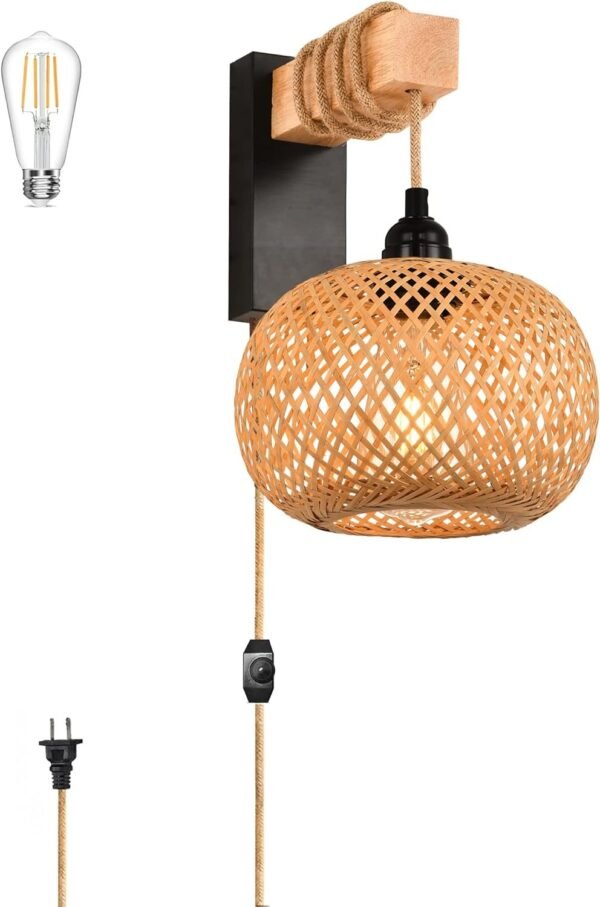 Rattan Wall Sconces Set of Two Plug in,Farmhouse Plug in Wall Sconces Hand Woven Bamboo Wall Light Fixtures with Switch,Rustic Black Wall Sconce Light Plug in Wall Lamp for Living Room Bedroom