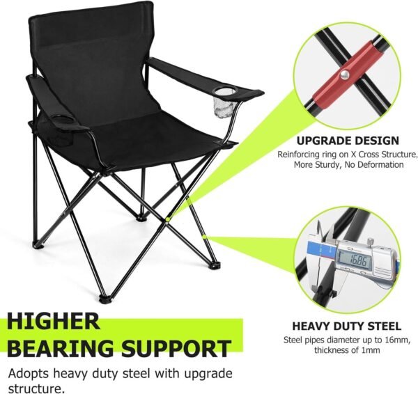 Portable Camping Chair, Large Outdoor Folding Chair for Adults, 600D Oxford Fabric Sturdy Foldable Chair for Beach, Fishing, Picnic Lawn and More Outdoor Sports, Carry Bag & Cup Holders, Black